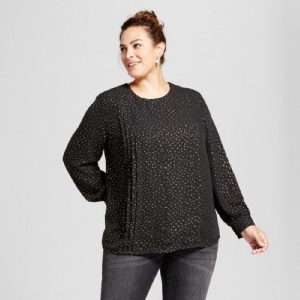 NWT Ava & Viv Pintuck Blouse Black Foil Print Gold